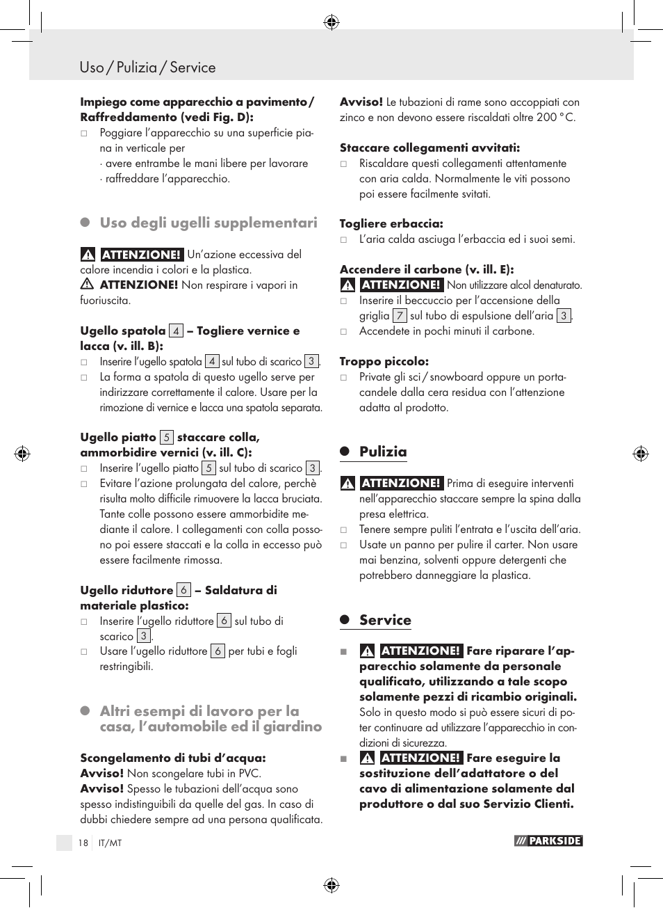 Uso / pulizia / service, Uso degli ugelli supplementari, Pulizia | Service | Parkside PHLG 2000-2 User Manual | Page 18 / 44