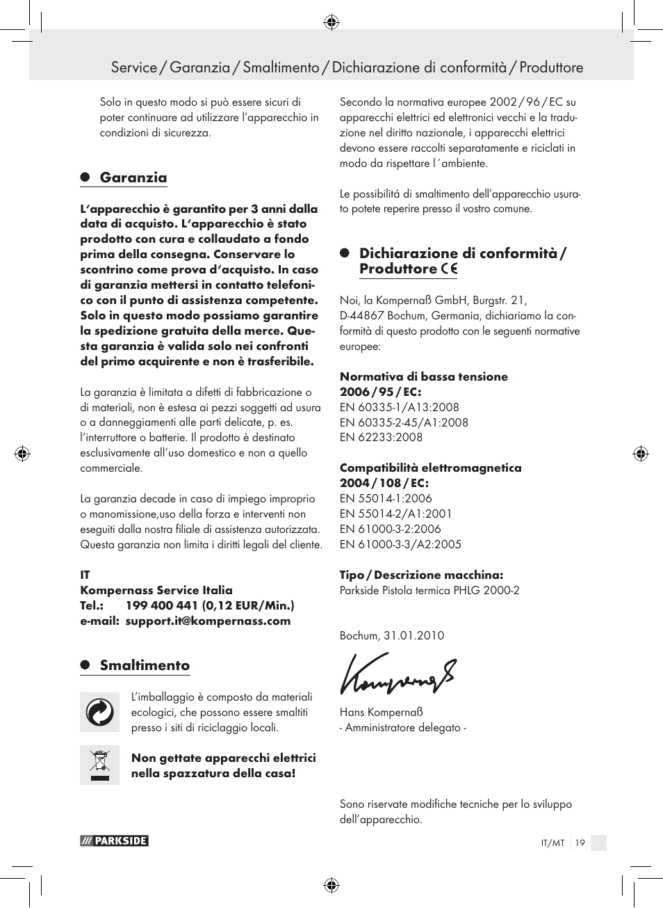 Garanzia, Smaltimento, Dichiarazione di conformità / produttore | Parkside PHLG 2000-2 User Manual | Page 19 / 44