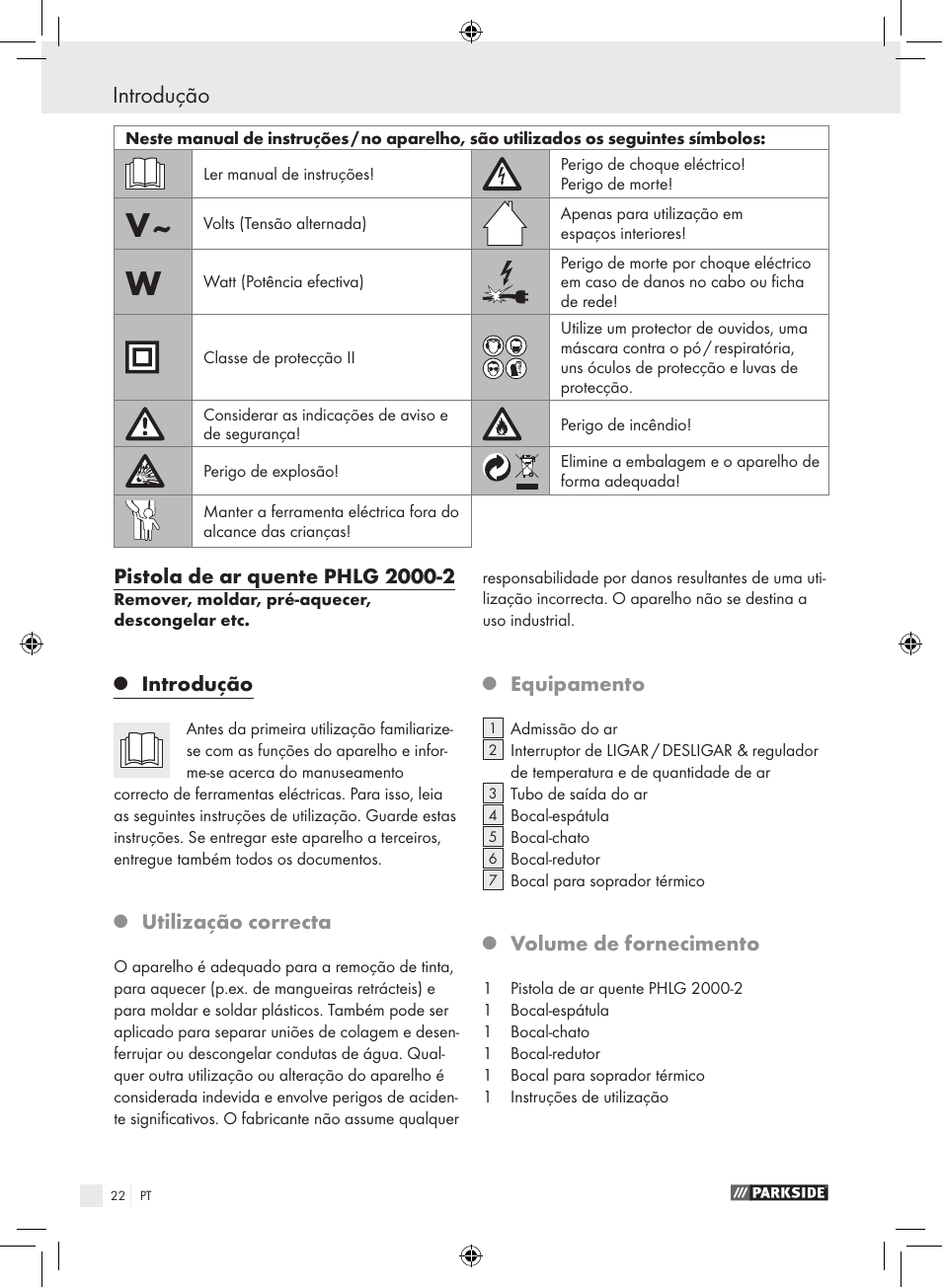 Introdução, Utilização correcta, Equipamento | Volume de fornecimento | Parkside PHLG 2000-2 User Manual | Page 22 / 44