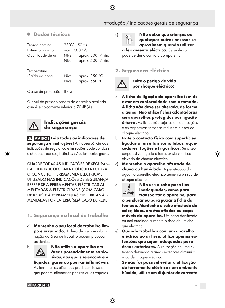 Introdução / indicações gerais de segurança, Dados técnicos, Indicações gerais de segurança | Segurança no local de trabalho, Segurança eléctrica | Parkside PHLG 2000-2 User Manual | Page 23 / 44