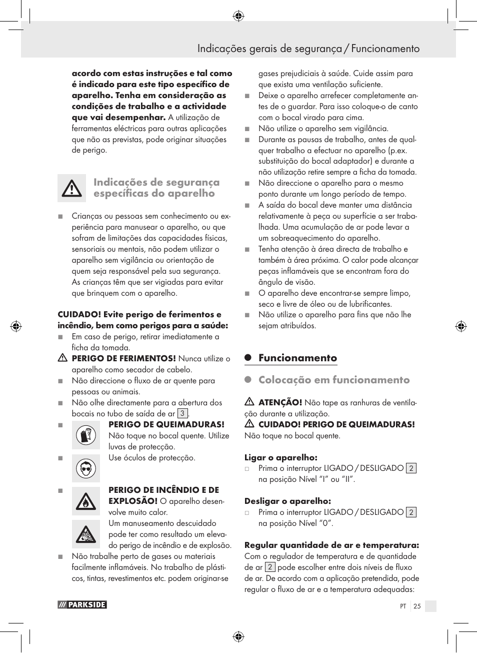 Indicações gerais de segurança / funcionamento, Indicações de segurança específicas do aparelho, Funcionamento | Colocação em funcionamento | Parkside PHLG 2000-2 User Manual | Page 25 / 44