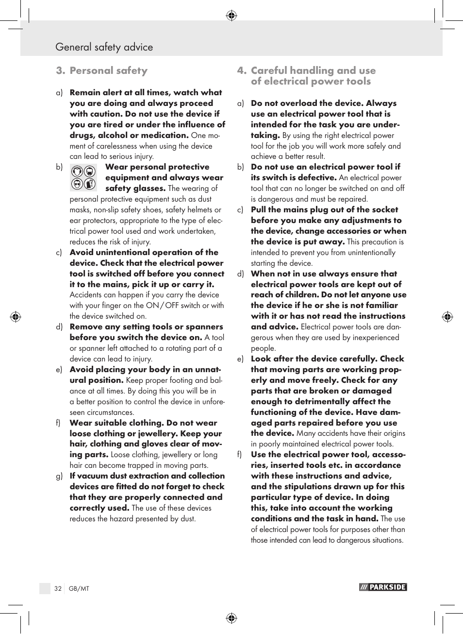 General safety advice, Personal safety, Careful handling and use of electrical power tools | Parkside PHLG 2000-2 User Manual | Page 32 / 44