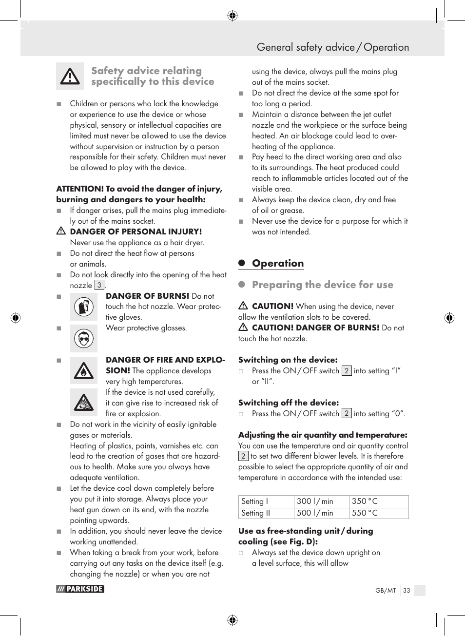 General safety advice / operation, Safety advice relating specifically to this device, Operation | Preparing the device for use | Parkside PHLG 2000-2 User Manual | Page 33 / 44