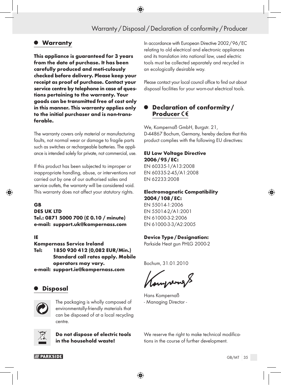 Warranty, Disposal, Declaration of conformity / producer | Parkside PHLG 2000-2 User Manual | Page 35 / 44