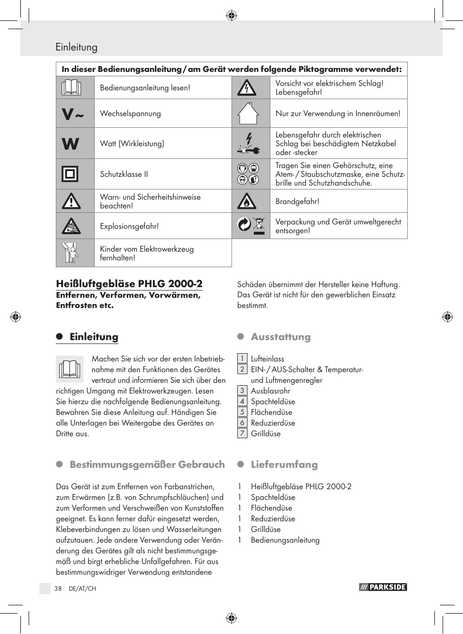 Einleitung, Bestimmungsgemäßer gebrauch, Ausstattung | Lieferumfang | Parkside PHLG 2000-2 User Manual | Page 38 / 44