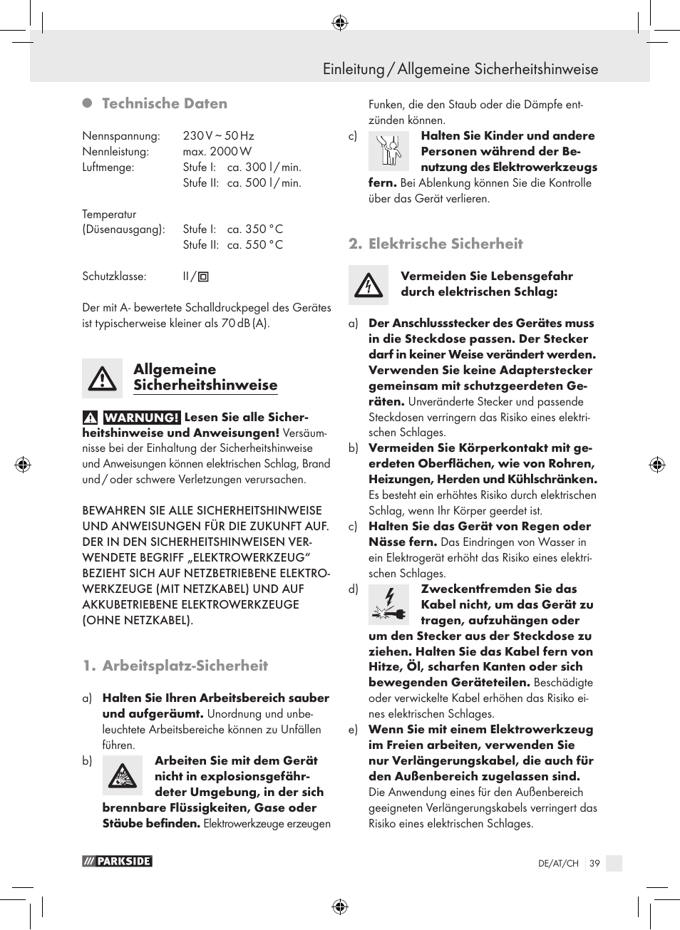 Einleitung / allgemeine sicherheitshinweise, Technische daten, Allgemeine sicherheitshinweise | Arbeitsplatz-sicherheit, Elektrische sicherheit | Parkside PHLG 2000-2 User Manual | Page 39 / 44