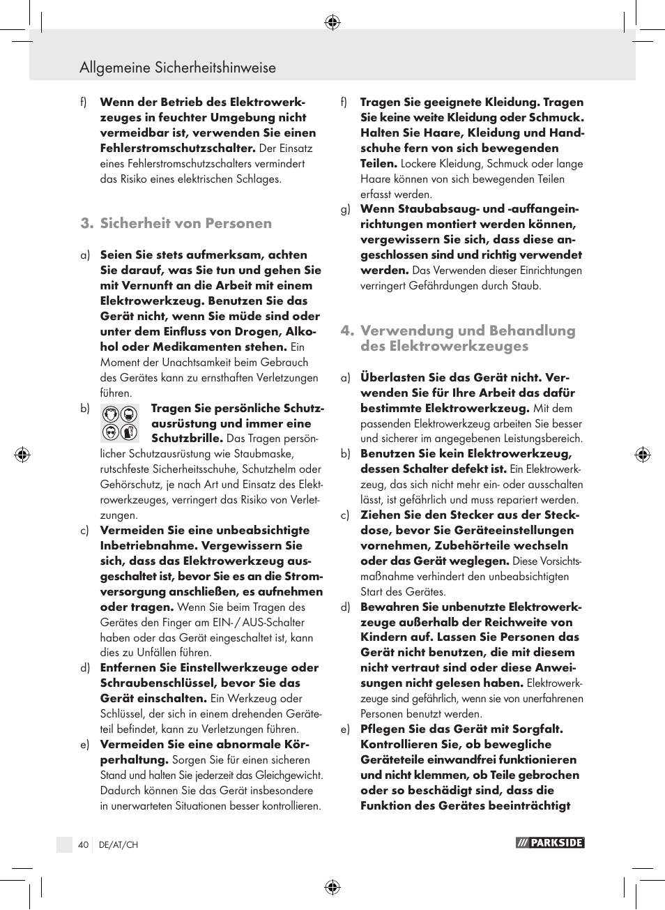 Allgemeine sicherheitshinweise, Sicherheit von personen, Verwendung und behandlung des elektrowerkzeuges | Parkside PHLG 2000-2 User Manual | Page 40 / 44