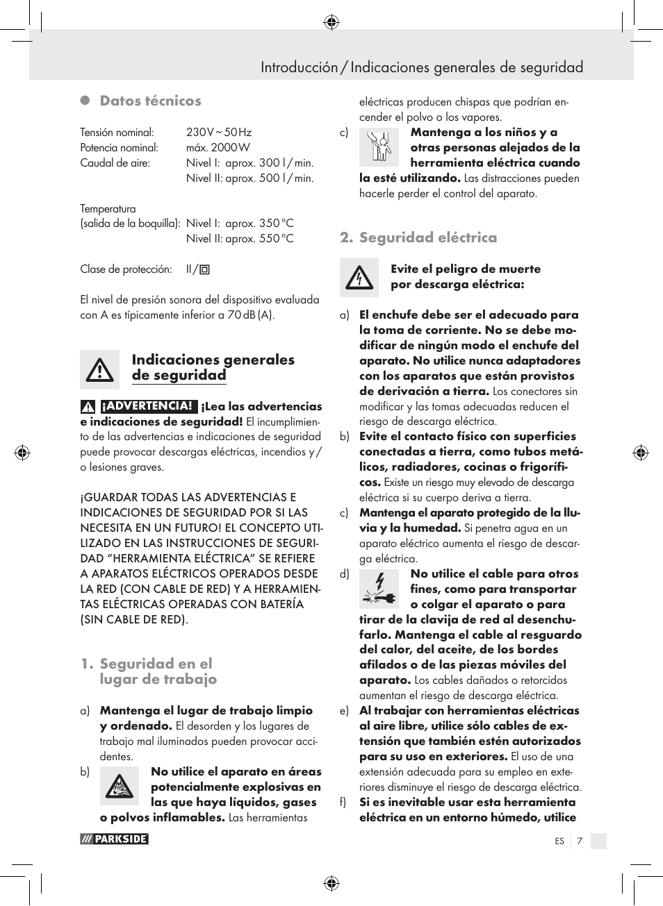 Introducción / indicaciones generales de seguridad, Datos técnicos, Indicaciones generales de seguridad | Seguridad en el lugar de trabajo, Seguridad eléctrica | Parkside PHLG 2000-2 User Manual | Page 7 / 44