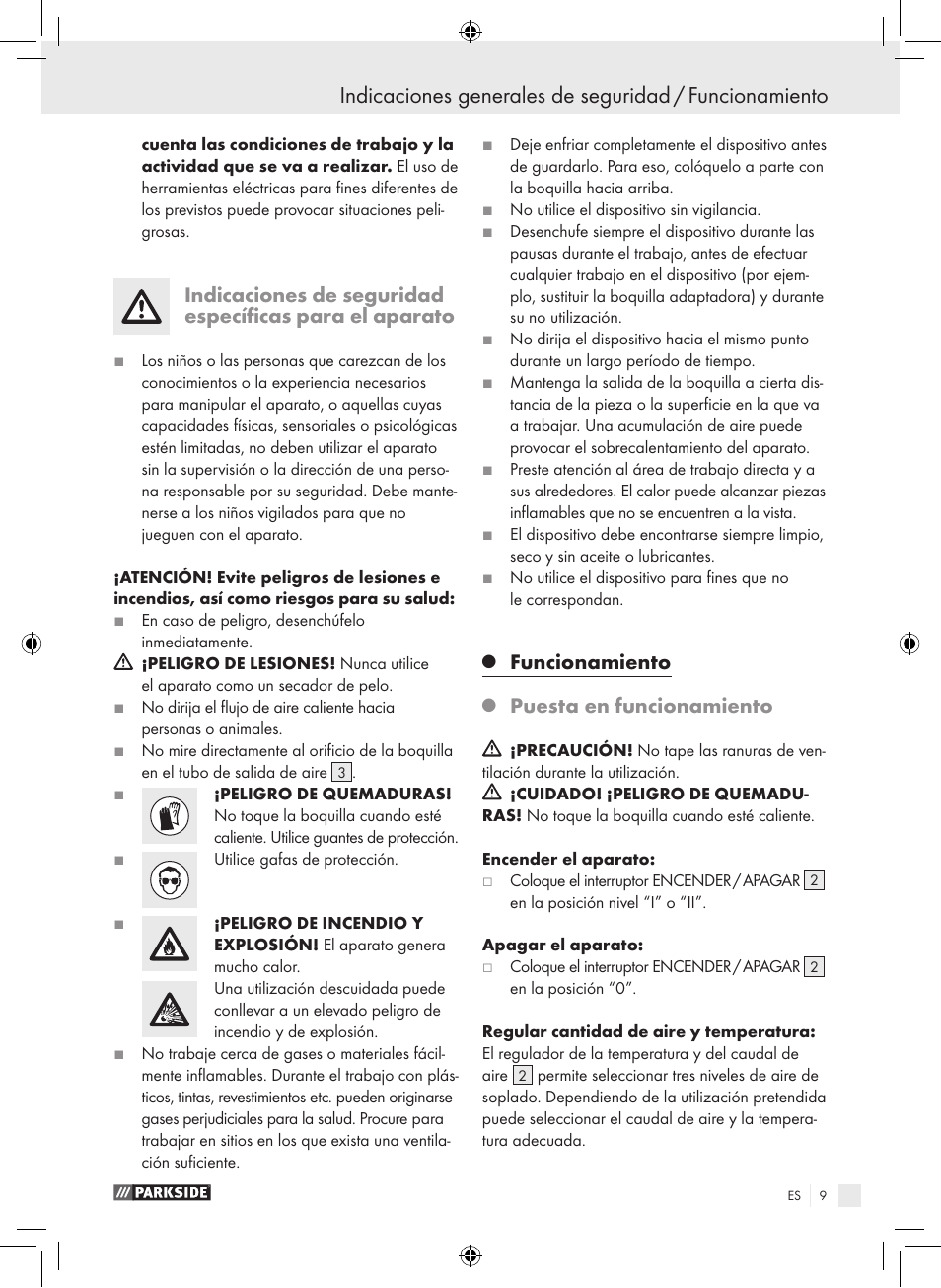 Funcionamiento, Puesta en funcionamiento | Parkside PHLG 2000-2 User Manual | Page 9 / 44