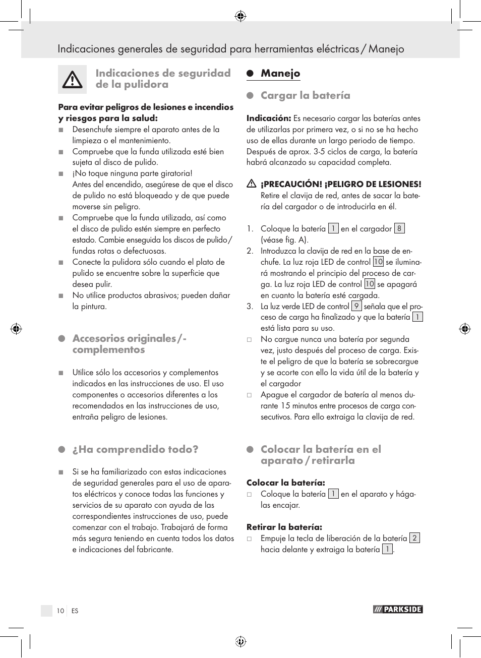 Indicaciones de seguridad de la pulidora, Accesorios originales / - complementos, Ha comprendido todo | Manejo, Cargar la batería, Colocar la batería en el aparato / retirarla | Parkside KH8888 User Manual | Page 10 / 43