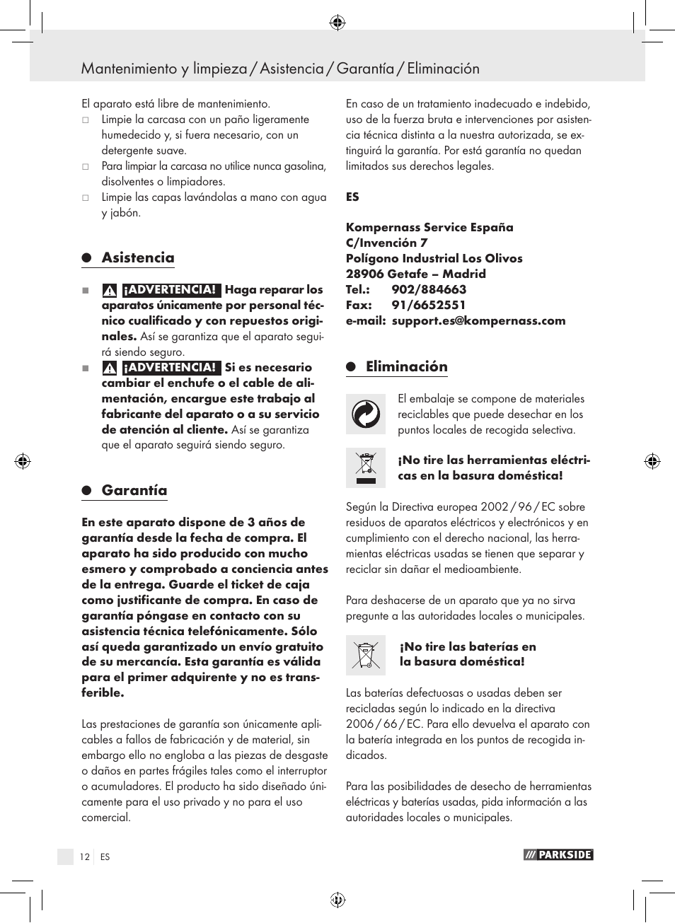 Asistencia, Garantía, Eliminación | Parkside KH8888 User Manual | Page 12 / 43