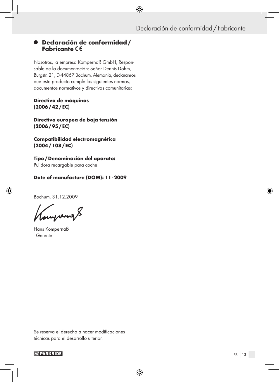 Declaración de conformidad / fabricante | Parkside KH8888 User Manual | Page 13 / 43