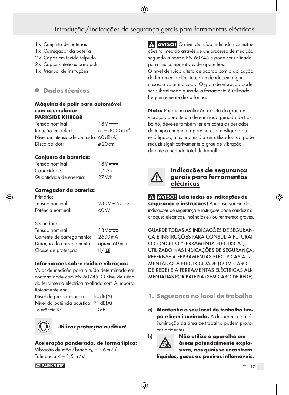 Dados técnicos, Segurança no local de trabalho | Parkside KH8888 User Manual | Page 17 / 43