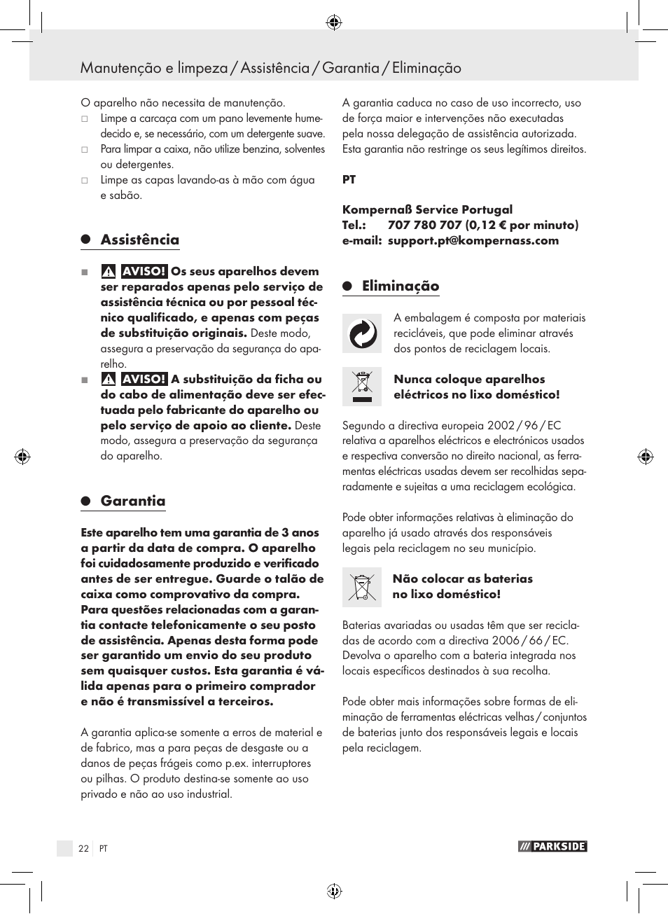 Assistência, Garantia, Eliminação | Parkside KH8888 User Manual | Page 22 / 43