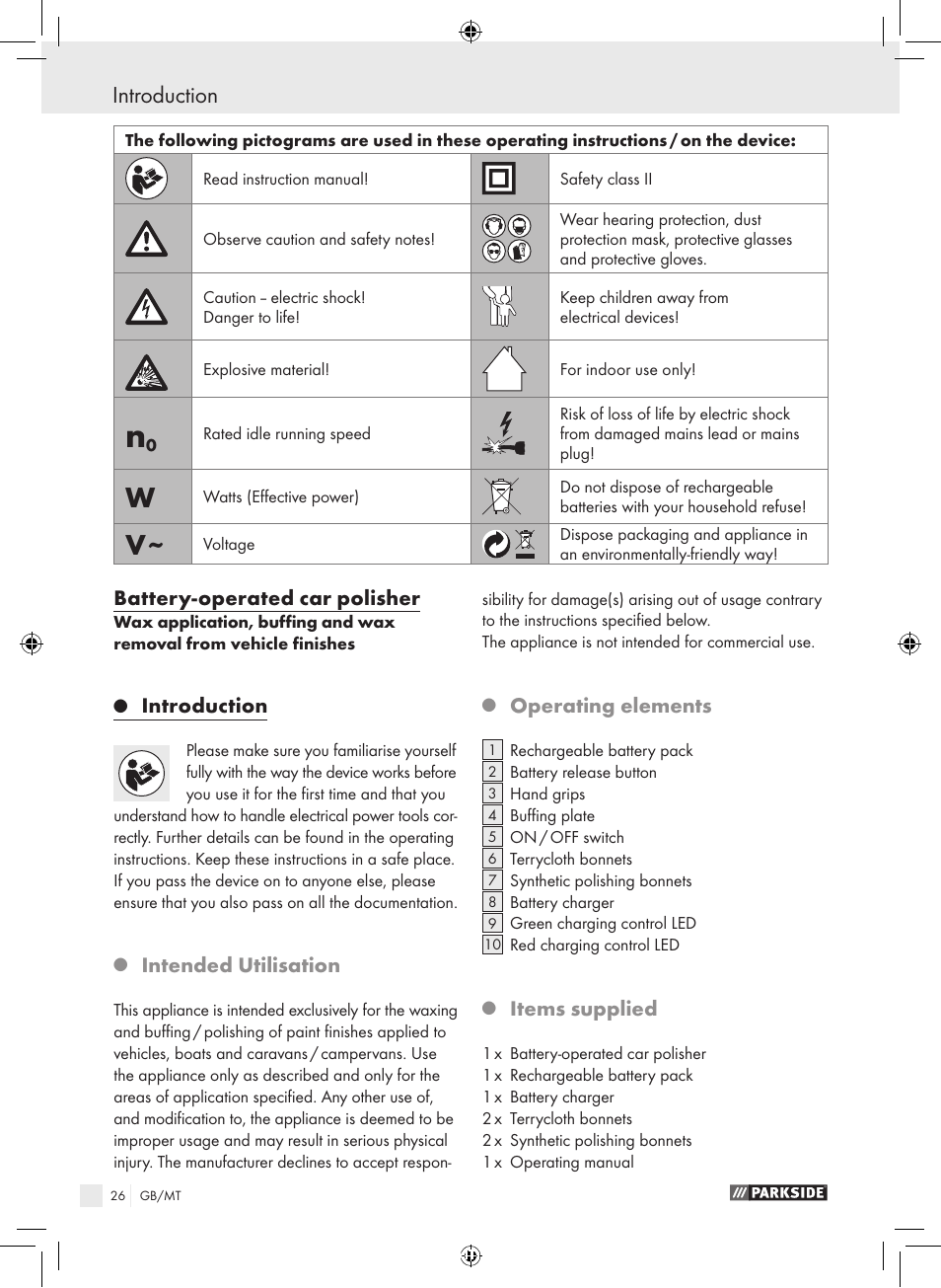 Introduction, Battery-operated car polisher, Intended utilisation | Operating elements, Items supplied | Parkside KH8888 User Manual | Page 26 / 43