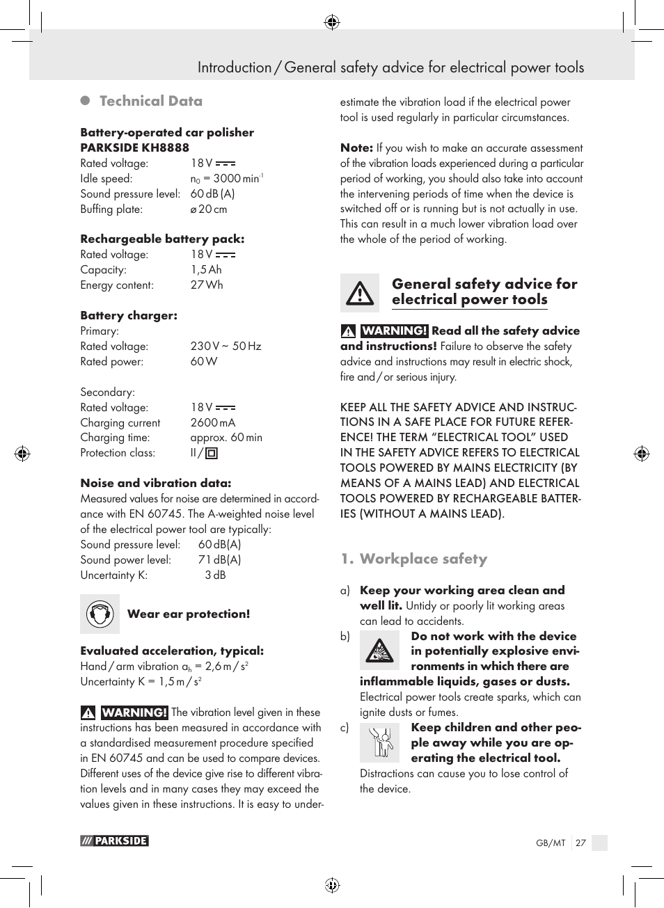 Technical data, General safety advice for electrical power tools, Workplace safety | Parkside KH8888 User Manual | Page 27 / 43