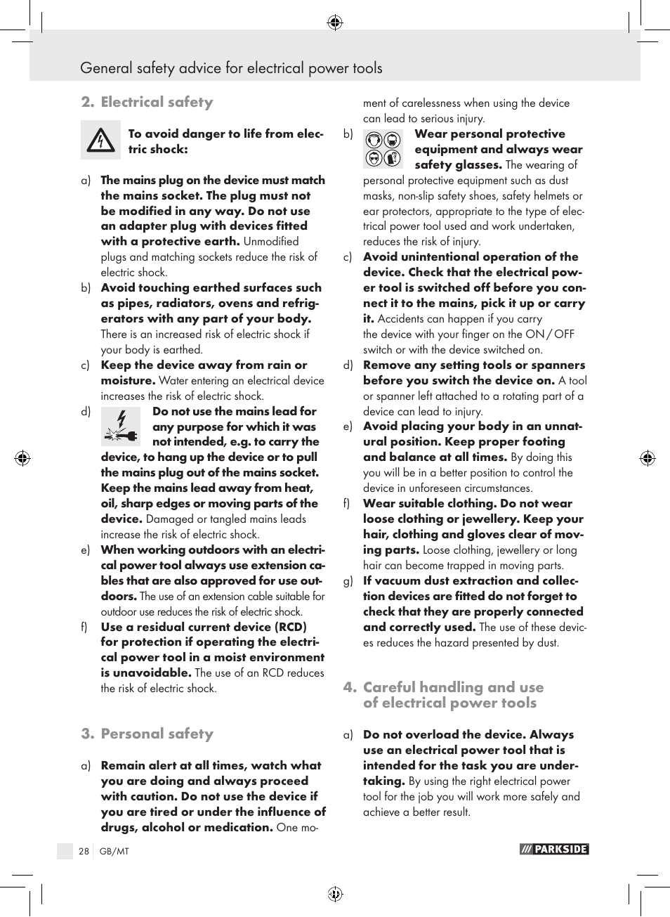 General safety advice for electrical power tools, Electrical safety, Personal safety | Careful handling and use of electrical power tools | Parkside KH8888 User Manual | Page 28 / 43