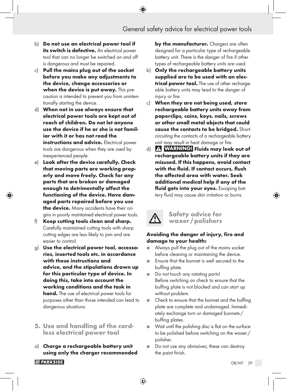 General safety advice for electrical power tools, Safety advice for waxer / polishers | Parkside KH8888 User Manual | Page 29 / 43