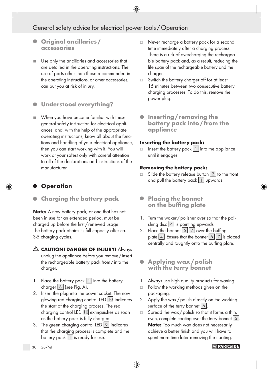 Original ancillaries / accessories, Understood everything, Operation | Charging the battery pack, Placing the bonnet on the buffing plate, Applying wax / polish with the terry bonnet | Parkside KH8888 User Manual | Page 30 / 43