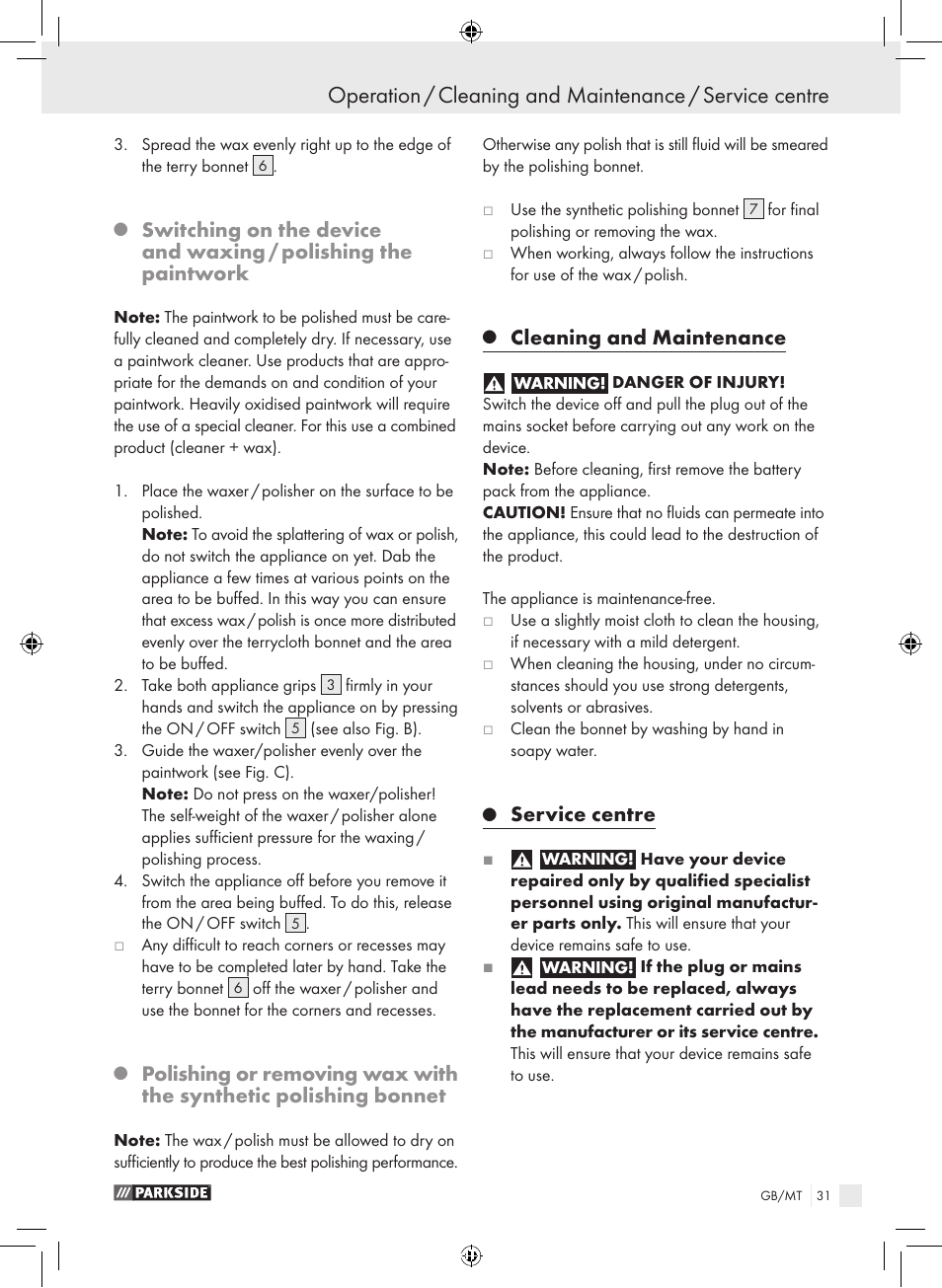 Cleaning and maintenance, Service centre | Parkside KH8888 User Manual | Page 31 / 43