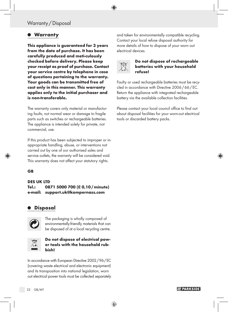 Warranty / disposal, Warranty, Disposal | Parkside KH8888 User Manual | Page 32 / 43