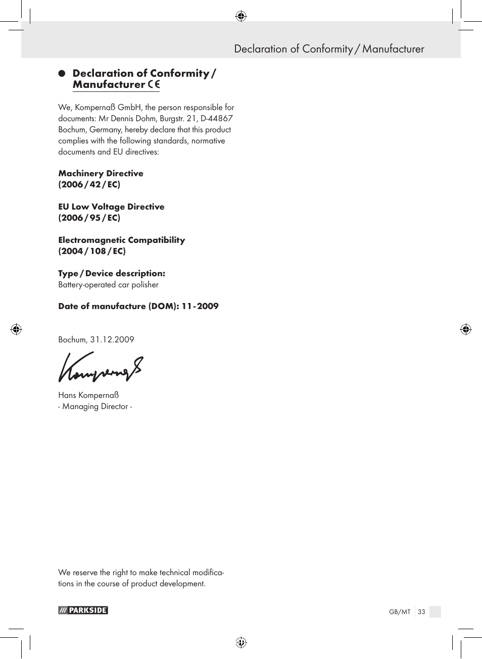 Declaration of conformity / manufacturer | Parkside KH8888 User Manual | Page 33 / 43