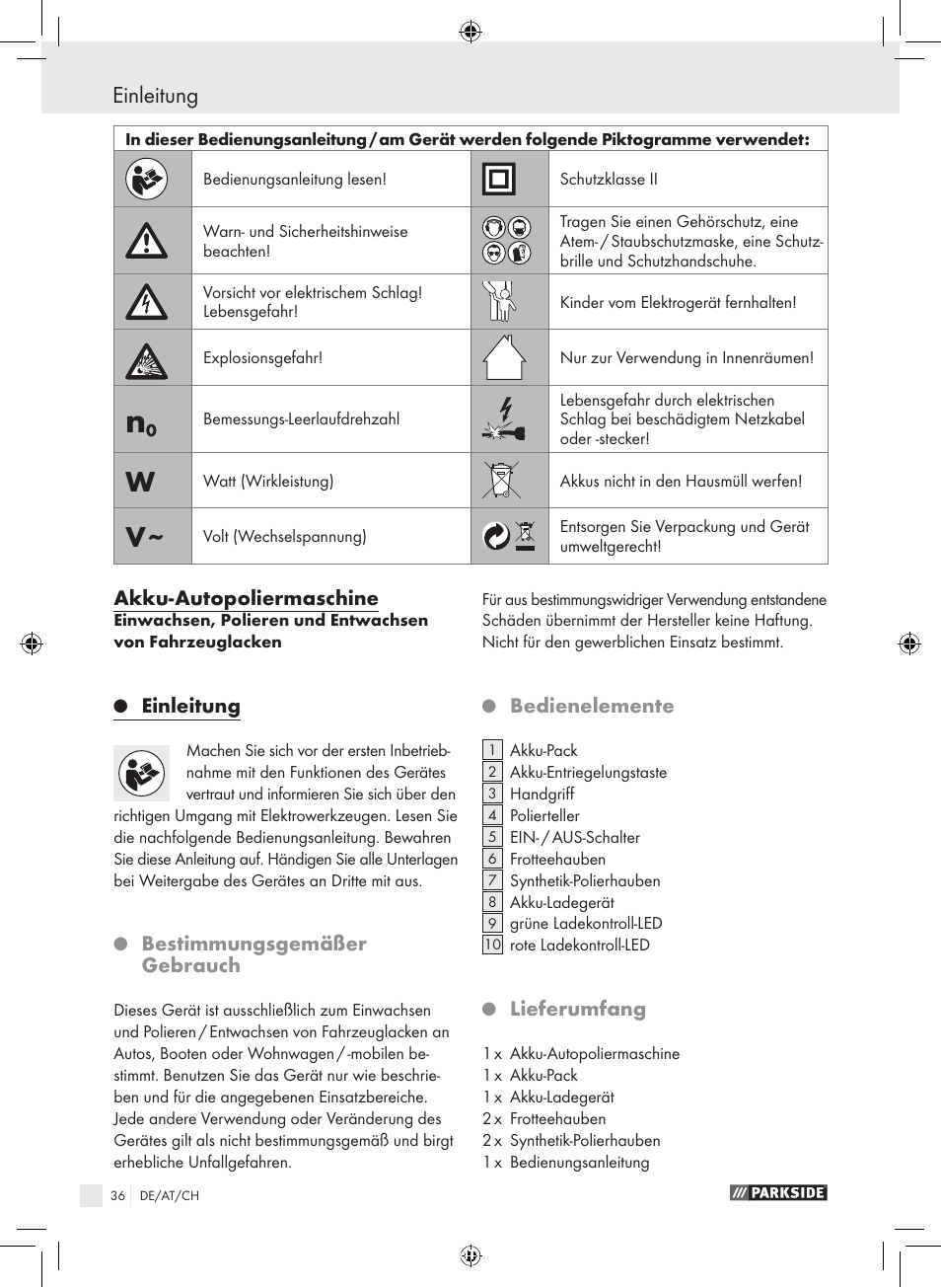 Einleitung, Akku-autopoliermaschine, Bestimmungsgemäßer gebrauch | Bedienelemente, Lieferumfang | Parkside KH8888 User Manual | Page 36 / 43