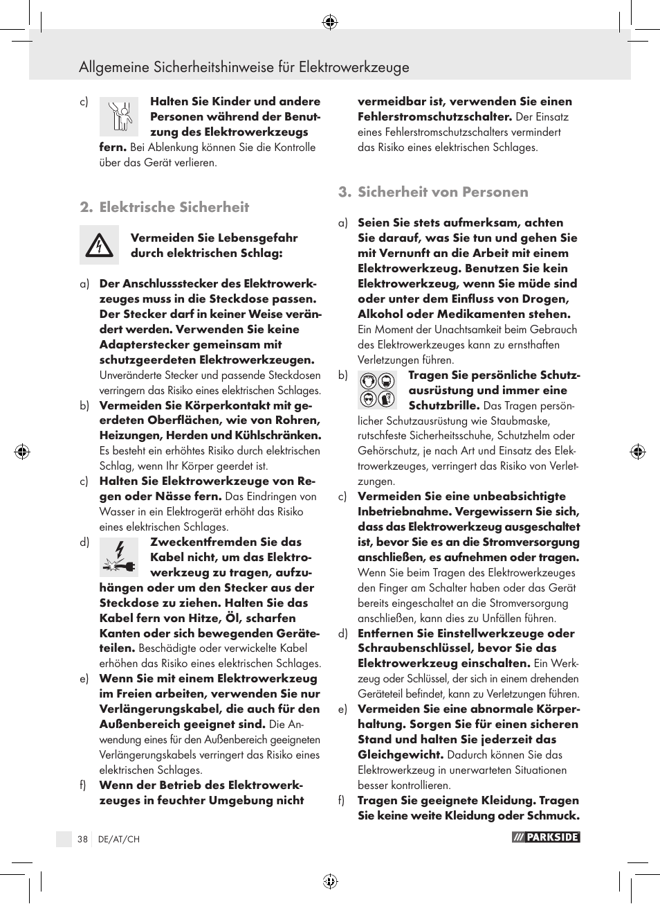 Elektrische sicherheit, Sicherheit von personen | Parkside KH8888 User Manual | Page 38 / 43