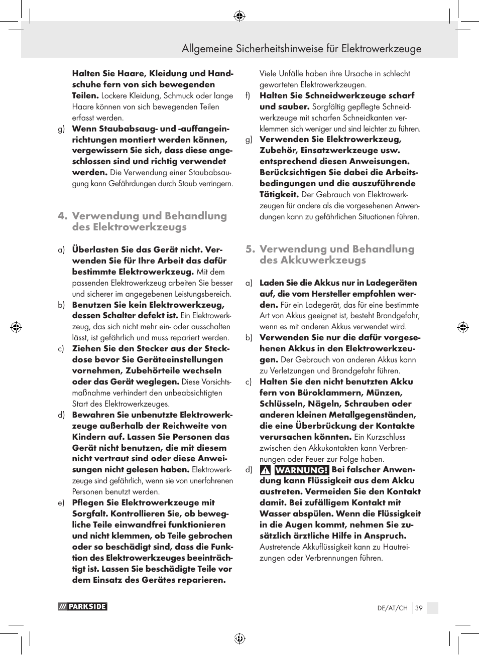 Verwendung und behandlung des elektrowerkzeugs, Verwendung und behandlung des akkuwerkzeugs | Parkside KH8888 User Manual | Page 39 / 43