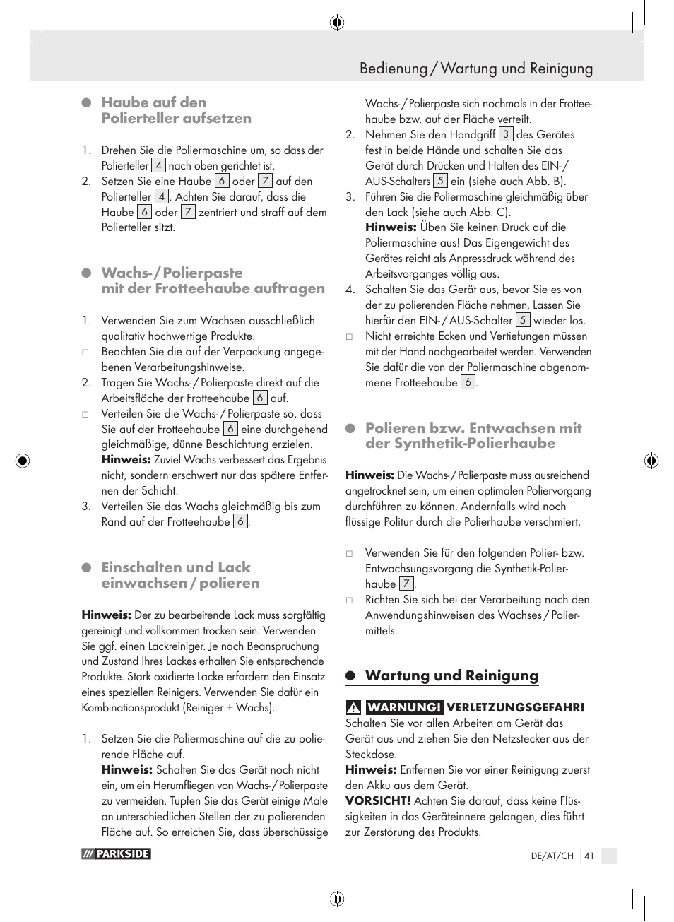 Bedienung / wartung und reinigung, Haube auf den polierteller aufsetzen, Einschalten und lack einwachsen / polieren | Wartung und reinigung | Parkside KH8888 User Manual | Page 41 / 43