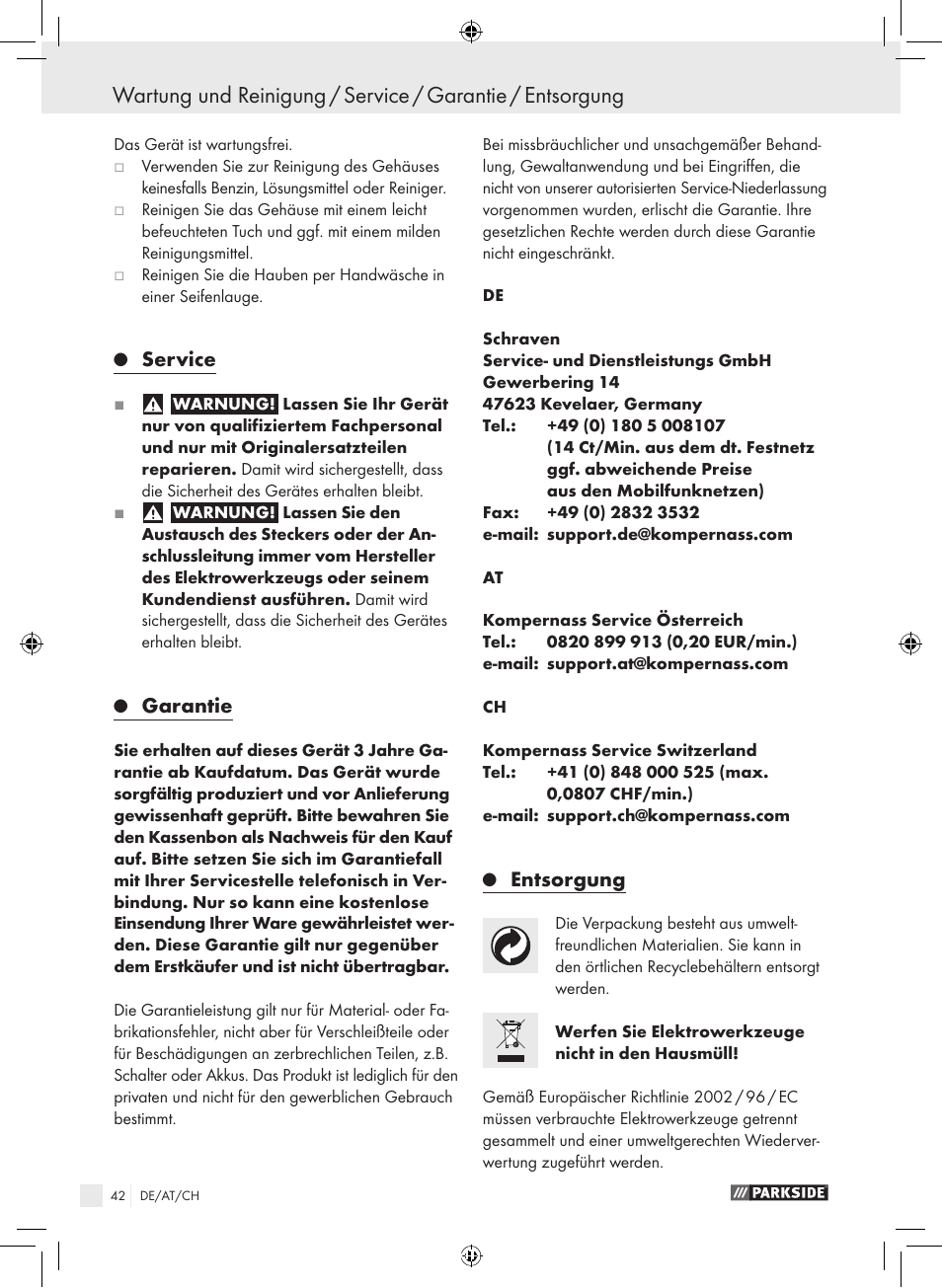 Service, Garantie, Entsorgung | Parkside KH8888 User Manual | Page 42 / 43