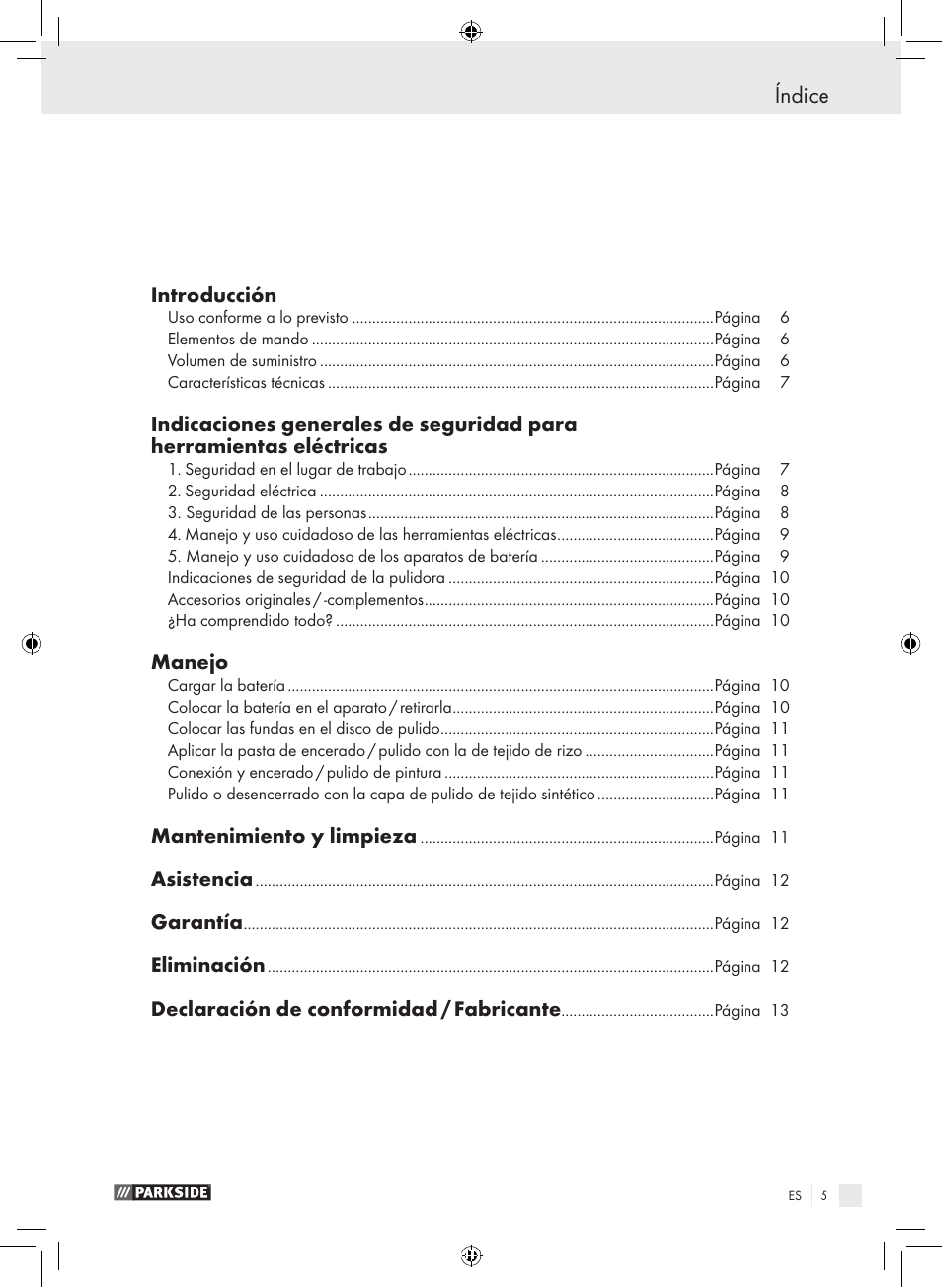 Índice, Introducción, Manejo | Mantenimiento y limpieza, Asistencia, Garantía, Eliminación, Declaración de conformidad / fabricante | Parkside KH8888 User Manual | Page 5 / 43