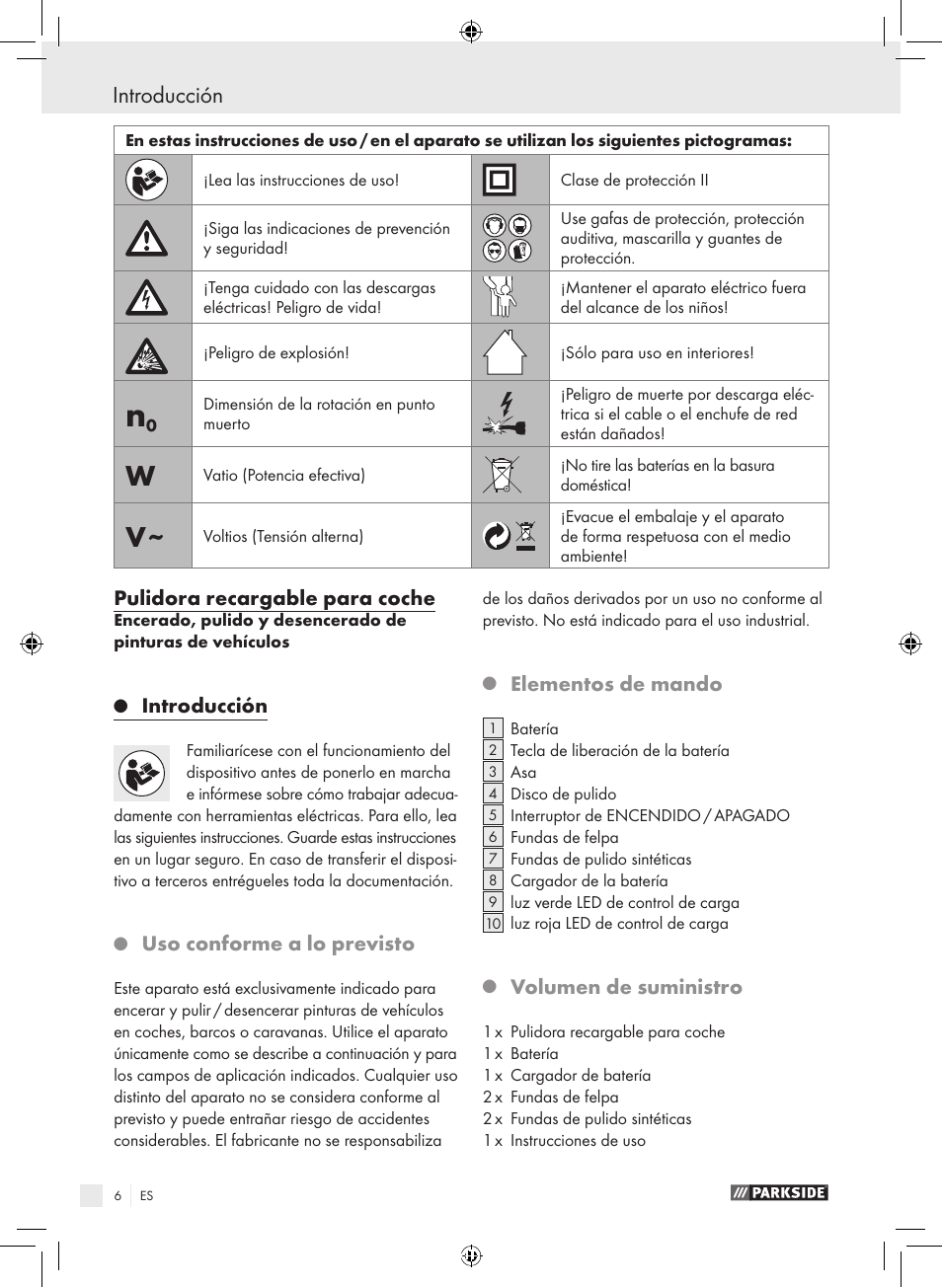 Introducción, Pulidora recargable para coche, Uso conforme a lo previsto | Elementos de mando, Volumen de suministro | Parkside KH8888 User Manual | Page 6 / 43