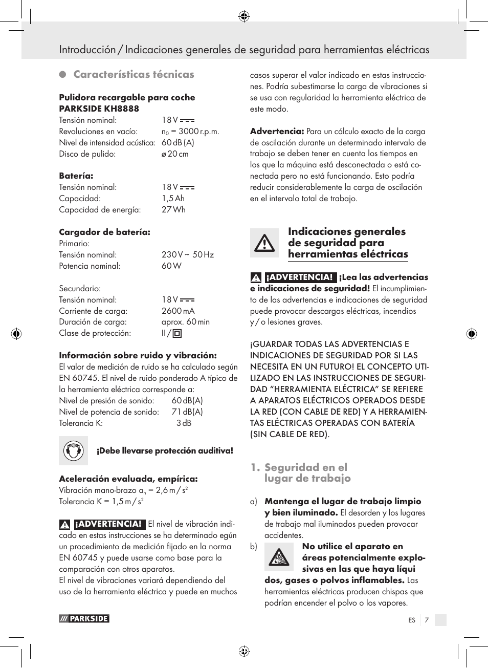 Características técnicas, Seguridad en el lugar de trabajo | Parkside KH8888 User Manual | Page 7 / 43
