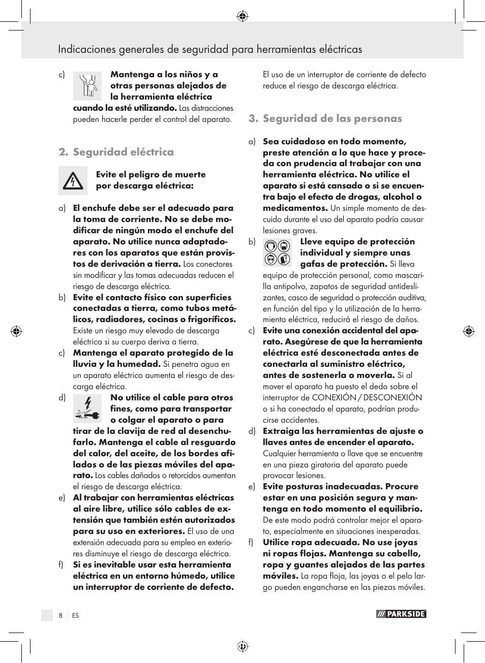 Seguridad eléctrica, Seguridad de las personas | Parkside KH8888 User Manual | Page 8 / 43