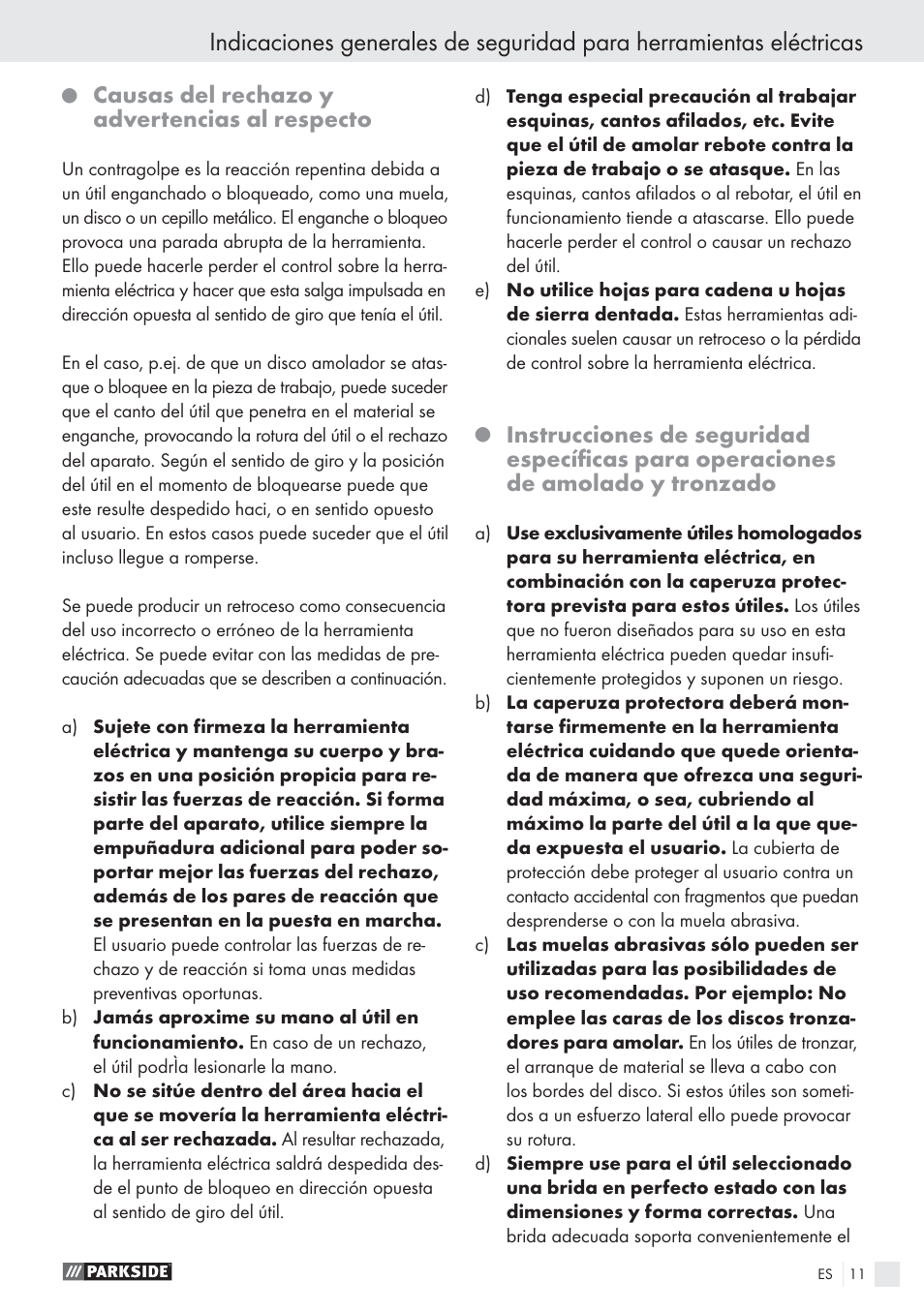 Causas del rechazo y advertencias al respecto | Parkside PWS 1010 User Manual | Page 12 / 77