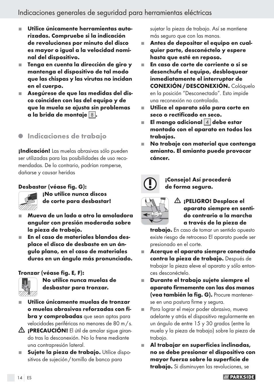 Indicaciones de trabajo | Parkside PWS 1010 User Manual | Page 15 / 77