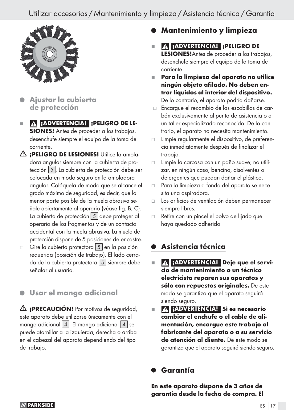 Ajustar la cubierta de protección, Usar el mango adicional, Mantenimiento y limpieza | Asistencia técnica, Garantía | Parkside PWS 1010 User Manual | Page 18 / 77