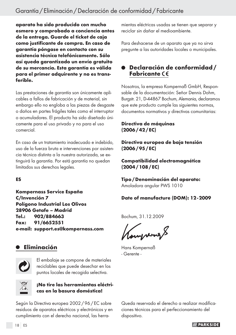 Eliminación, Declaración de conformidad / fabricante | Parkside PWS 1010 User Manual | Page 19 / 77