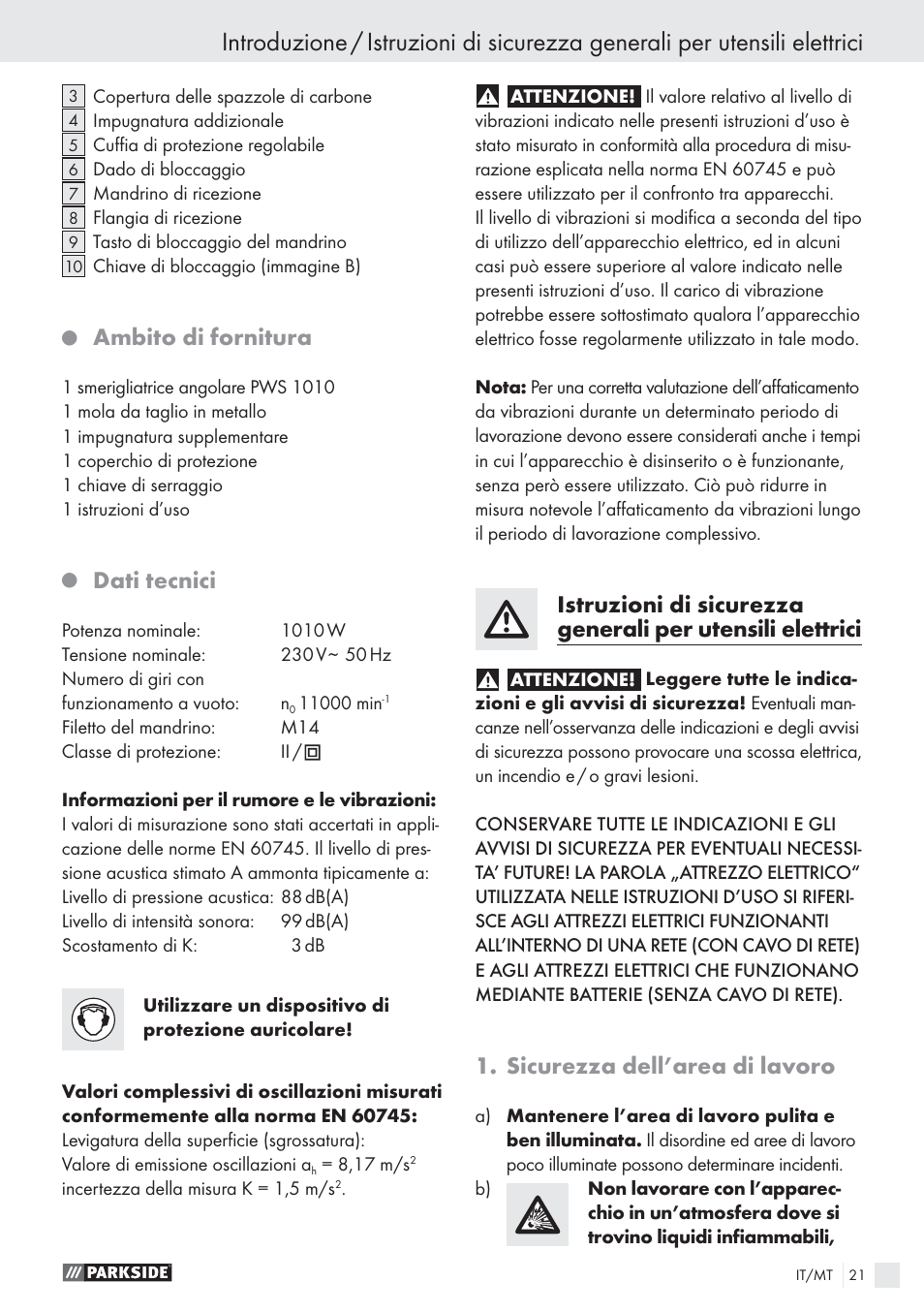 Ambito di fornitura, Dati tecnici, Sicurezza dell’area di lavoro | Parkside PWS 1010 User Manual | Page 22 / 77