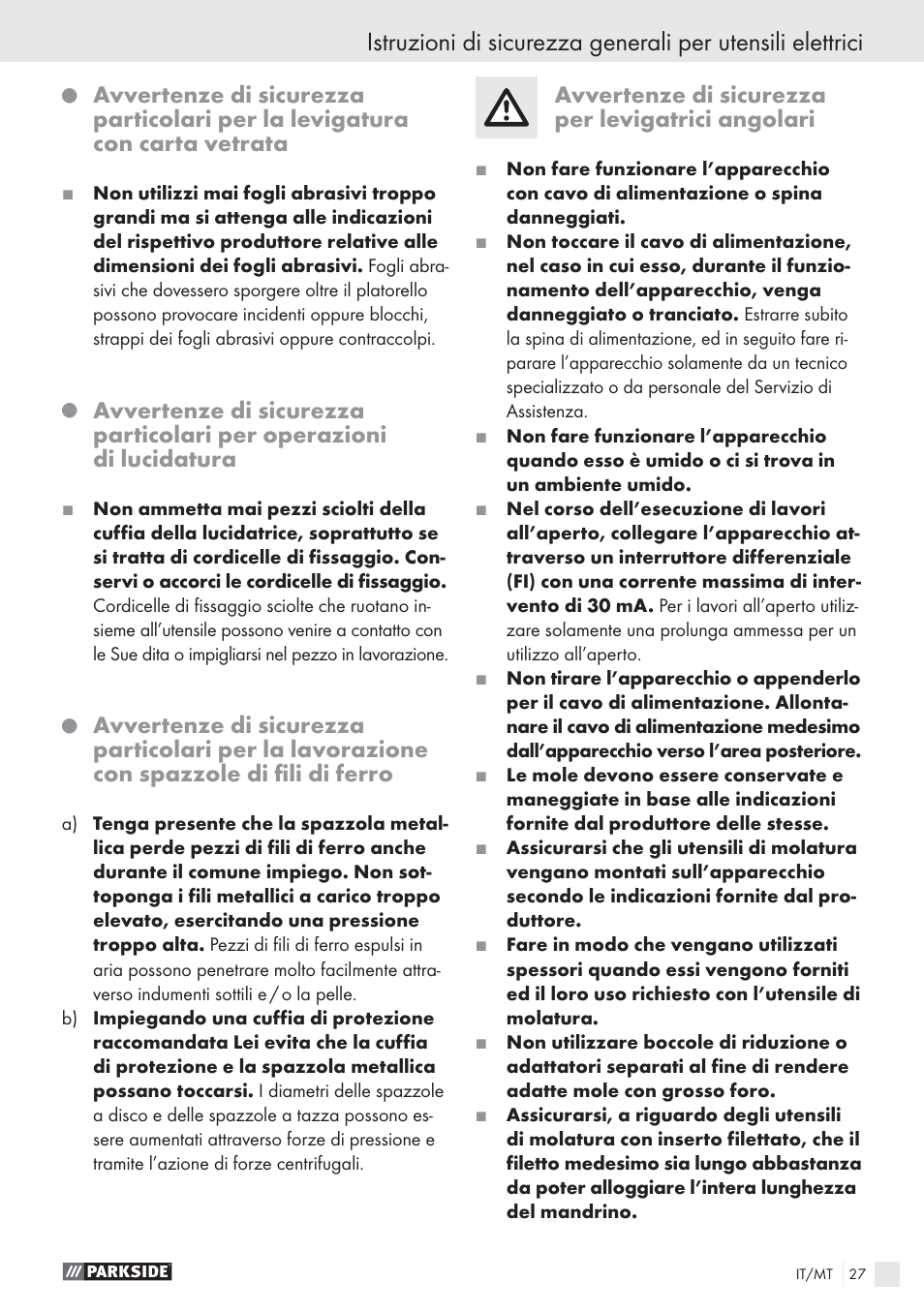 Avvertenze di sicurezza per levigatrici angolari | Parkside PWS 1010 User Manual | Page 28 / 77