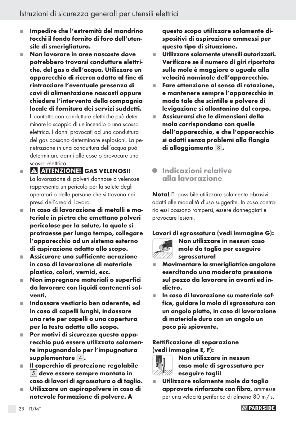Indicazioni relative alla lavorazione | Parkside PWS 1010 User Manual | Page 29 / 77