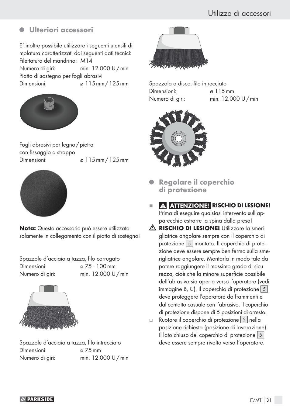 Utilizzo di accessori, Ulteriori accessori, Regolare il coperchio di protezione | Parkside PWS 1010 User Manual | Page 32 / 77