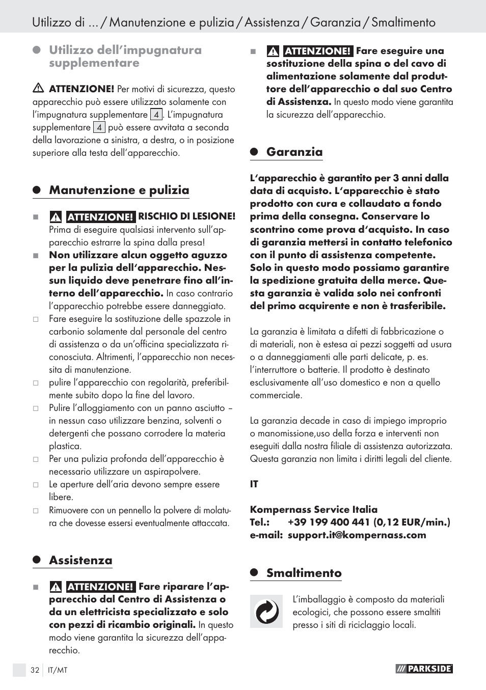 Utilizzo dell’impugnatura supplementare, Manutenzione e pulizia, Assistenza | Garanzia, Smaltimento | Parkside PWS 1010 User Manual | Page 33 / 77