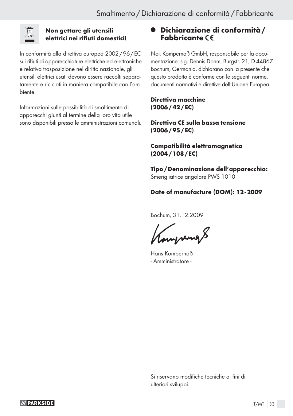 Dichiarazione di conformità / fabbricante | Parkside PWS 1010 User Manual | Page 34 / 77