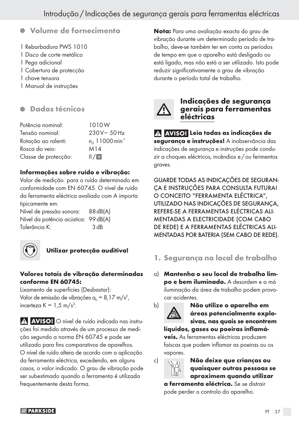 Volume de fornecimento, Dados técnicos, Segurança no local de trabalho | Parkside PWS 1010 User Manual | Page 38 / 77