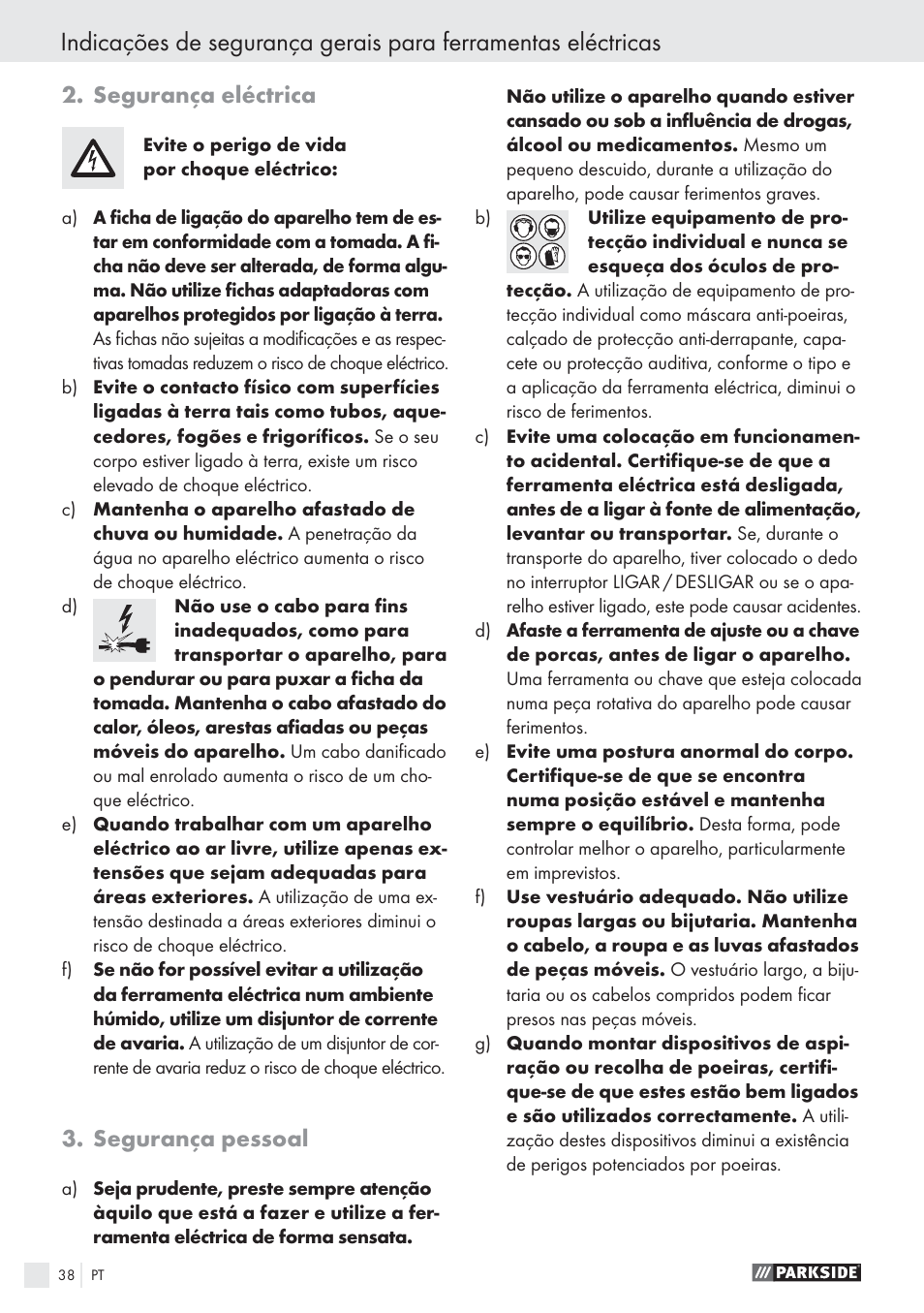 Segurança eléctrica, Segurança pessoal | Parkside PWS 1010 User Manual | Page 39 / 77