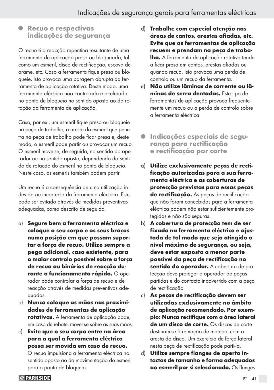 Recuo e respectivas indicações de segurança | Parkside PWS 1010 User Manual | Page 42 / 77