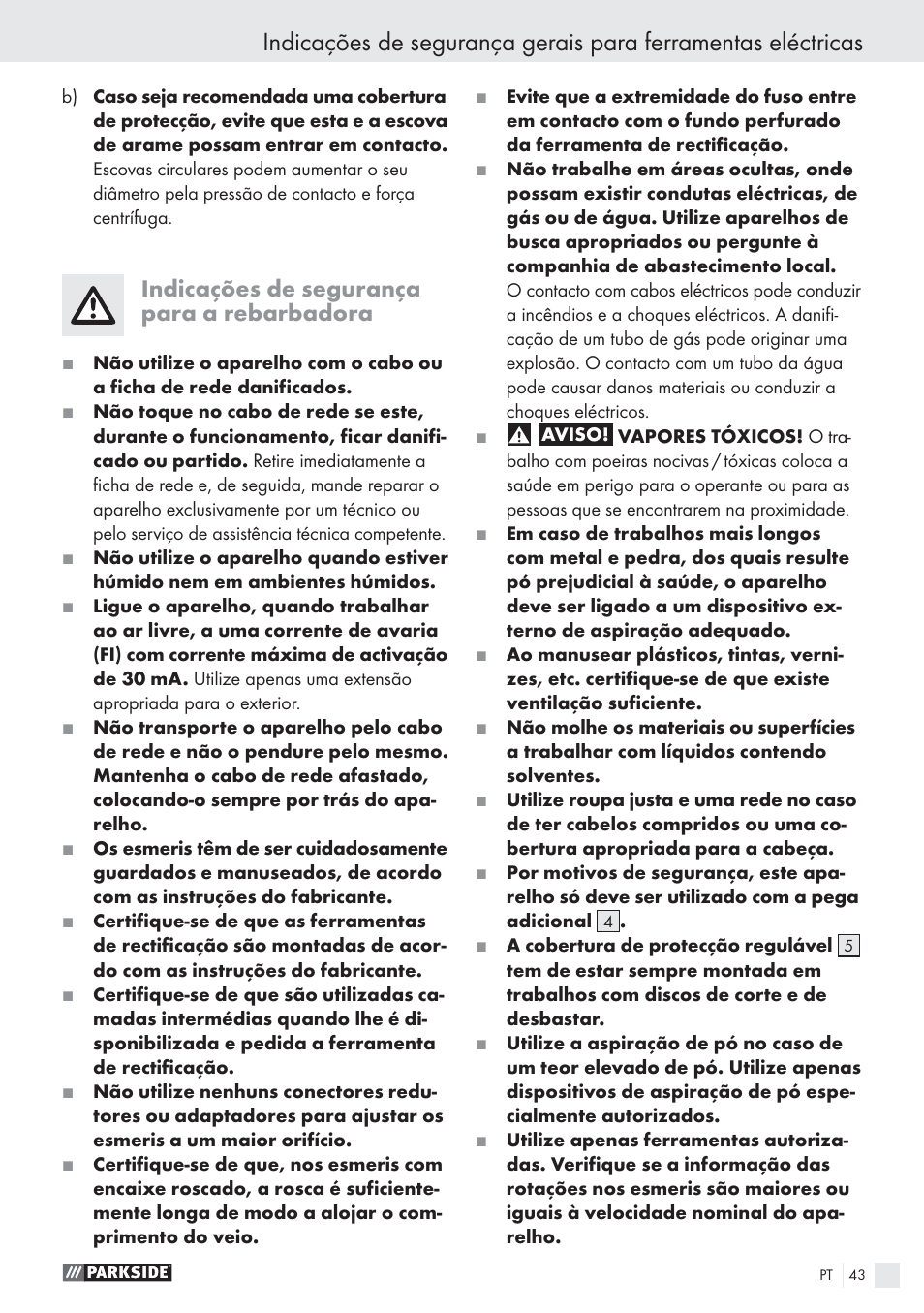 Indicações de segurança para a rebarbadora | Parkside PWS 1010 User Manual | Page 44 / 77