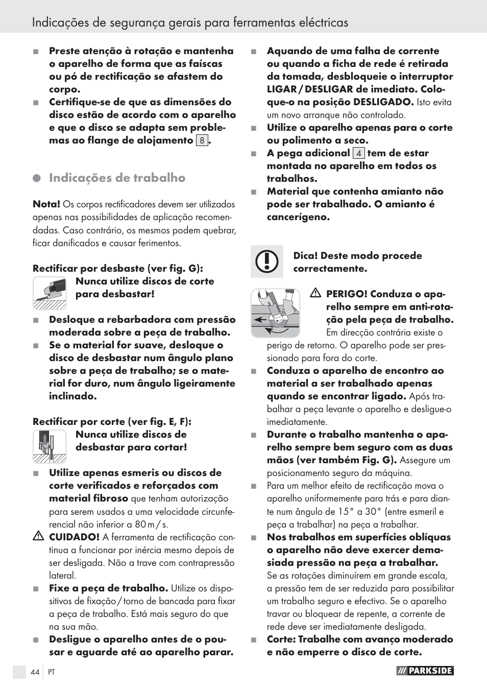 Indicações de trabalho | Parkside PWS 1010 User Manual | Page 45 / 77